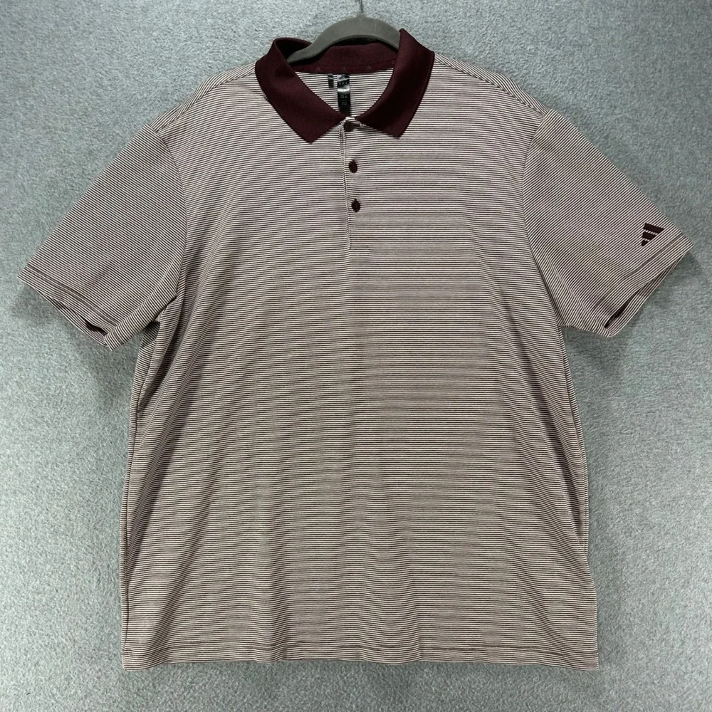 Adidas Polo Shirt Mens XL Maroon Striped Performance Golf Athleisure